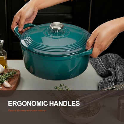 Overmont Enameled Cast Iron Dutch Oven - 5.5QT Pot with Lid Cookbook & Cotton Potholders - Heavy-Duty Cookware for Braising, Stews, Roasting, Sourdough Baking Bottle green - Image 3