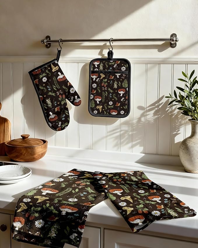 Miss Adola 270 GSM Cotton Kitchen Towels, Oven Mitt and Pot Holder - 4 Pack Kitchen Decor and Accessories Set Cute Farmhouse Boho Quilted Lining Heat Resistant Set with Hanging Loop, Black Mushroom - Image 2