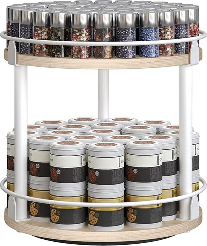YATINEY Lazy Susan Organizer, Rotating Spice Rack, 2 Tier Spice Turntable Organizer, Industrial Turntable Spice Holder, for Kitchen Countertop, Compact and Versatile, White and Light Oak SR22WG - Image 9