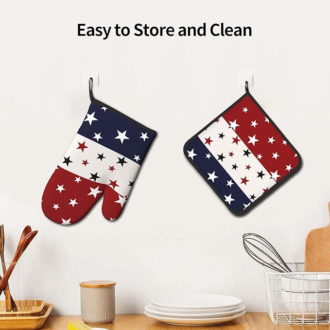 Red White and Blue Oven Mitts and Pot Holders Sets Patriotic American Flag StripedKitchen Mitts 4th of July Hot Pads for Cooking BBQ Baking Grilling - Image 6