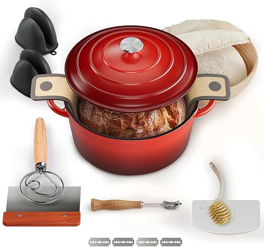 Cast Iron Dutch Oven for Bread Baking, With Banneton Bread Proofing Basket & Sourdough Baking Supplies, 5QT Multi-Functional Enameled Dutch Oven Pot with Lid, Cast Iron Bread Pan, Red by MakeLifeMoreComfortable