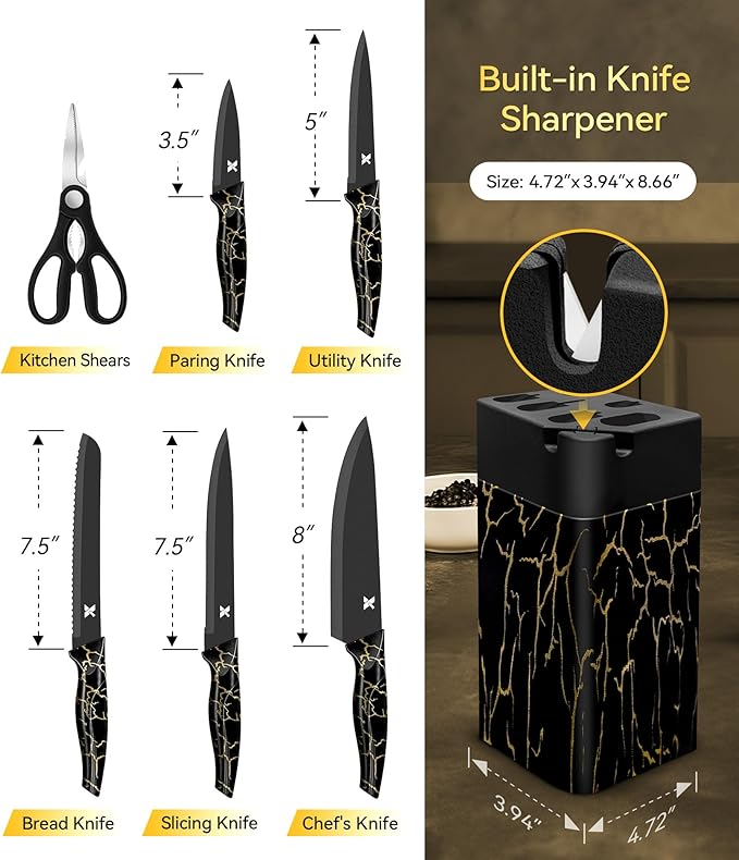Knife Set, 8 Pieces Kitchen Knife Block Sets, High Carbon German Stainless Steel, Dishwasher Safe Cutlery with Sharpener, Black - Image 2