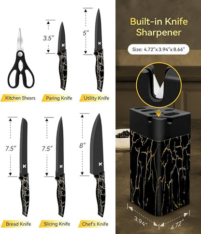 Knife Set, 8 Pieces Kitchen Knife Block Sets, High Carbon German Stainless Steel, Dishwasher Safe Cutlery with Sharpener, Black - Image 2