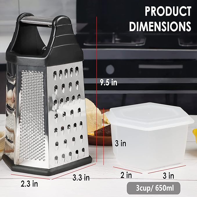 Box Grater, Cheese Grater Shredder Stainless Steel with 6 Sides, Best for Parmesan Cheese, Vegetables, Potatoes, Carrot, Ginger, Mandoline Vegetable Slicer with Detachable Container, Silver