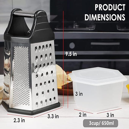 Box Grater, Cheese Grater Shredder Stainless Steel with 6 Sides, Best for Parmesan Cheese, Vegetables, Potatoes, Carrot, Ginger, Mandoline Vegetable Slicer with Detachable Container, Silver