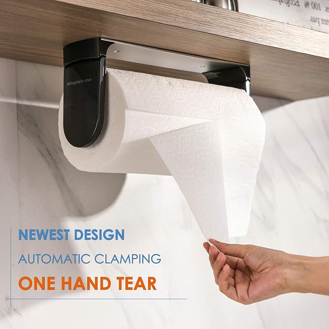 simpletome ONE Hand Tear Paper Towel Holder Under Cabinet Adhesive or Drilling Installation Aluminum Alloy + ABS (Black) - Image 2