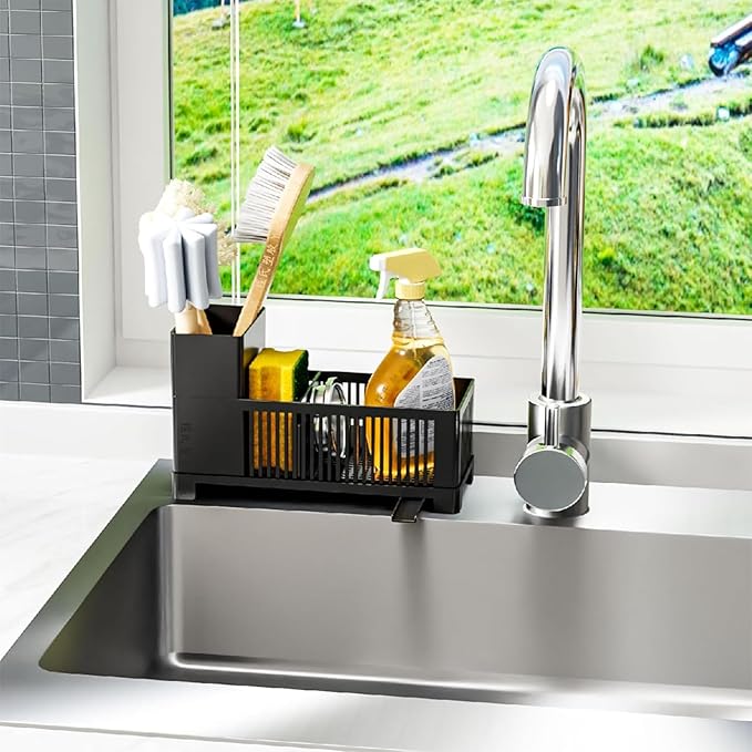 Sink Caddy & Kitchen Sink Organizer,Black Sponge Holder with High Scrub Brush Holder,Plastic Kitchen Countertop Organizer,Multifunctional Sponge Drain Rack,Dish Soap,Dish Sponge Holder,Soap Dispenser - Image 6
