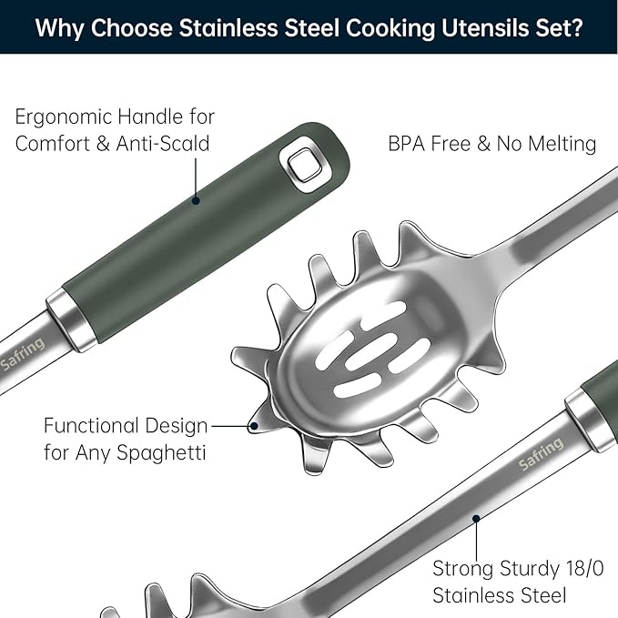 Safring Stainless Steel Soup Ladle and Spaghetti Spoon Set, Heat Resistant Rubber Handle, Dishwasher Safe, Kitchen Utensils for Cooking, Stirring, Serving Pasta, Soup & Sauce (Hunter Green) - Image 3
