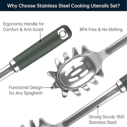 Safring Stainless Steel Soup Ladle and Spaghetti Spoon Set, Heat Resistant Rubber Handle, Dishwasher Safe, Kitchen Utensils for Cooking, Stirring, Serving Pasta, Soup & Sauce (Hunter Green) - Image 3