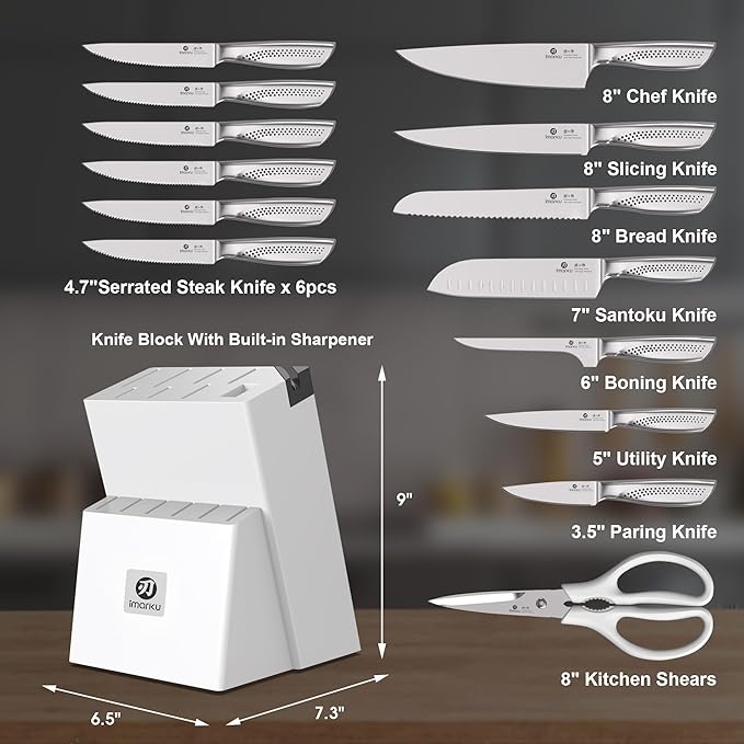 imarku® Knife Set, Japanese HC Stainless Steel 15 PCS Kitchen Knife Set With Block With Built-in Sharpener, Razor-Sharp Blade Knife Block Set With Dotted Ergomomic Handle, Best Birthday Gifts, White - Image 2