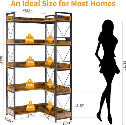 DUMOS 65 inch L Shaped Bookshelf, 5 Tier Corner Bookcase with Hooks and Edge, Industrial Pantry Shelves with Metal Frame, Wooden Open Storage for Living Room, Home Office, Bedroom, Rustic Brown - Image 3