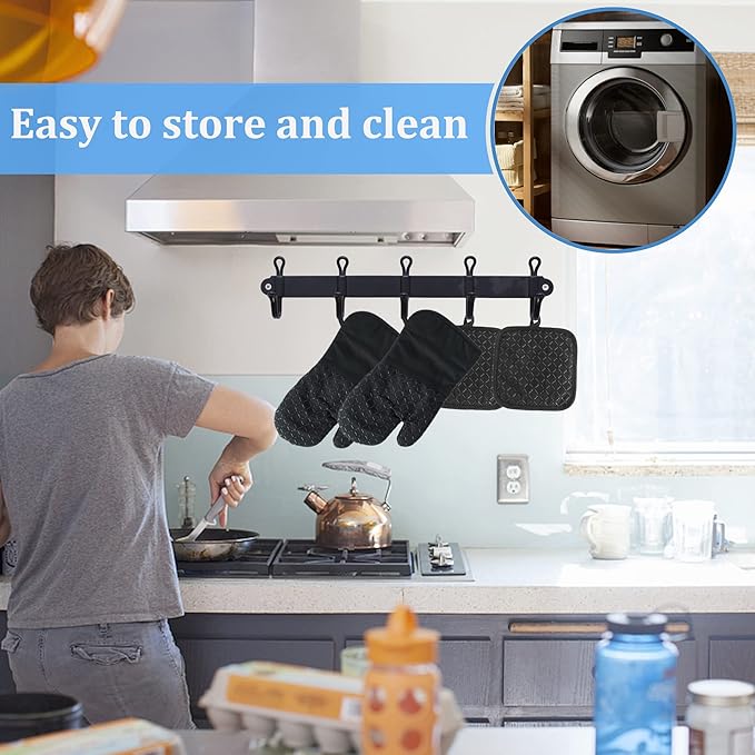 4 Pcs Oven Mitts and Pot Holders,Oven Glove High Heat Resistant 500 Degree,Long Oven Mitts with Recycled Cotton Infill and Silicone Non-Slip Surface for Baking,Kitchen,Cooking(Black) - Image 5