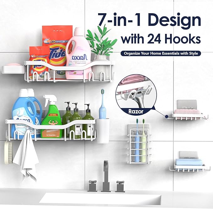 NESOMI Shower Caddy Adhesive Shower Organizer 7-Pack, Rustproof Stainless Steel Bathroom Shelves, Large Capacity No-Drill Rack Storage Accessories with Soap Dish Toothbrush Holder Hooks - Image 4