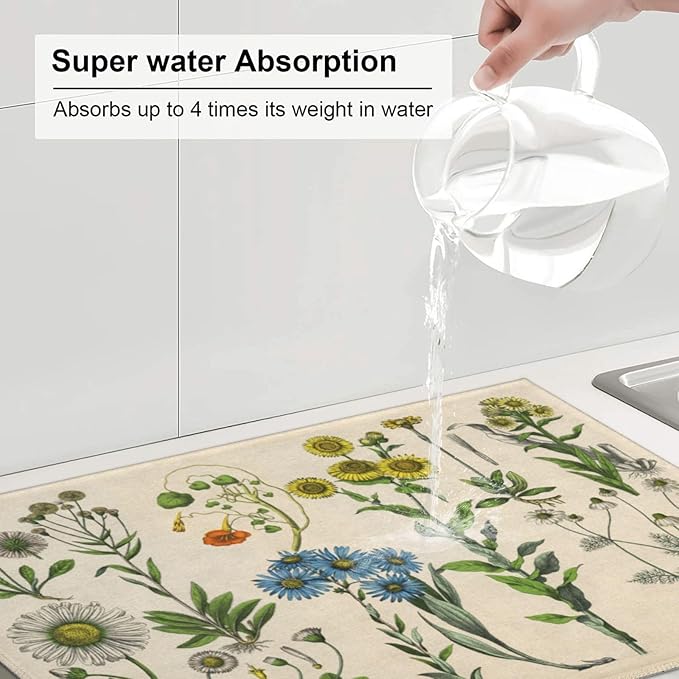 Plants Herbs Floral Dish Drying Mat XL Microfiber Kitchen Drying Mat Large Dish Drying Mats for Kitchen Counter Absorbent Quick Drying Pad 18x24 Inch