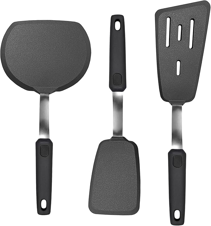 3 Piece Silicone Spatula Turner Set, Spatulas Silicone Heat Resistant Kitchen Cooking Utensils Set for Nonstick Cookware - Flexible Stainless Steel with Silicone, Dishwasher Safe