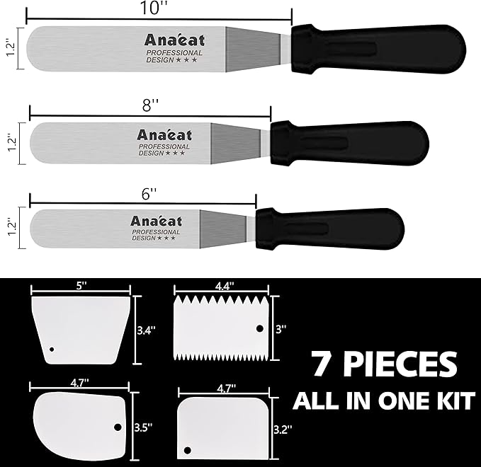 Anaeat Icing Spatula, 3 Pieces Professional Angled Offset Frosting Spatulas with 6", 8", 10" Stainless Steel Blades & 4 Pack Cake Smoother Scraper for Cake Decorating, Baking & Pastry (Set of 7) - Image 7