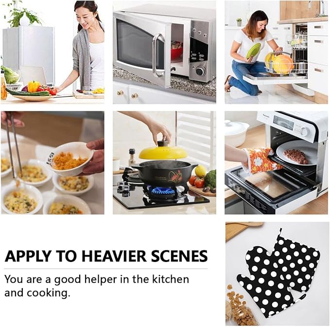 Black White Retro Polka Dot Oven Mitts and Pot Holders Sets of 4, Heat Resistant Silicone Oven Mittens and Potholders Gloves Hot Pads for Kitchen Cooking Baking Grilling BBQ Chef - Image 8