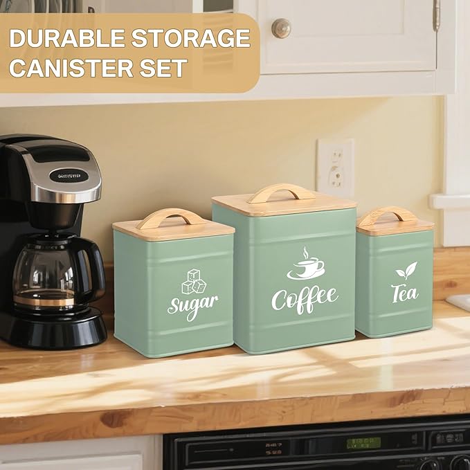 Maxdot 3 Set Coffee Sugar Tea Containers, Square Airtight Kitchen Canisters Storage Ground Organization with Bamboo Lids Rustic Metal Jars for Coffee Bar Beans, Tea Leaves, Food, Countertop(Turquoise) - Image 6