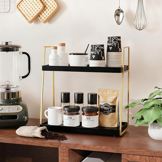 Coffee Bar Accessories, Black Gold Coffee Station Organizer for Countertop Decor, 2 Tier Large Wooden CoffeeBar Shelf for Office, Breakroom, Bathroom - Image 2