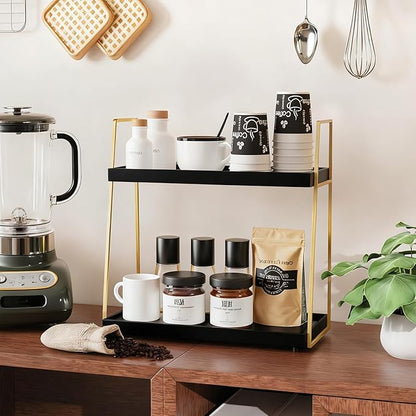 Coffee Bar Accessories, Black Gold Coffee Station Organizer for Countertop Decor, 2 Tier Large Wooden CoffeeBar Shelf for Office, Breakroom, Bathroom - Image 2