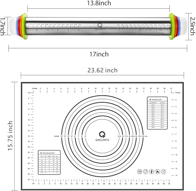 Rolling Pin and Pastry Baking Mat Set, Rolling Pins with Adjustable Thickness Rings, Stainless Steel Dough Roller for Baking Fondant, Pizza, Pie, Pastry, Pasta, Cookies (Black Mat) - Image 5