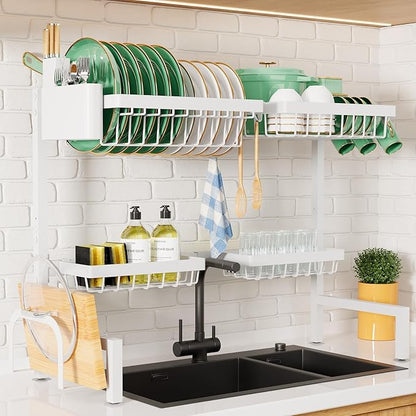 Kitsure Over The Sink Dish Drying Rack - 30.0" to 33.9"x21.5", Adjustable Sink Drying Rack for Kitchen Sink with Multifunctional Baskets, White by Kitsure