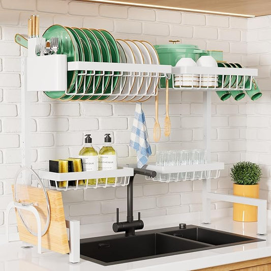 Kitsure Over The Sink Dish Drying Rack - 30.0" to 33.9"x21.5", Adjustable Sink Drying Rack for Kitchen Sink with Multifunctional Baskets, White by Kitsure