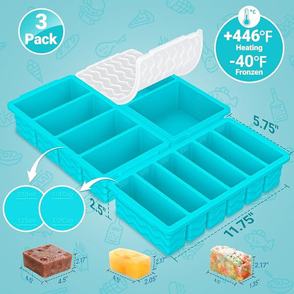 3-Pack Silicone Freezer Trays with Lid,2 Large 2-Cup(500ml)&4 Medium 1-Cup(250ml)&6 Small 1/2-Cup(125ml) Soup Freezer Container Molds,Ice Cube Tray For Meal Prep&Freezing Soup,Stews,Sauces