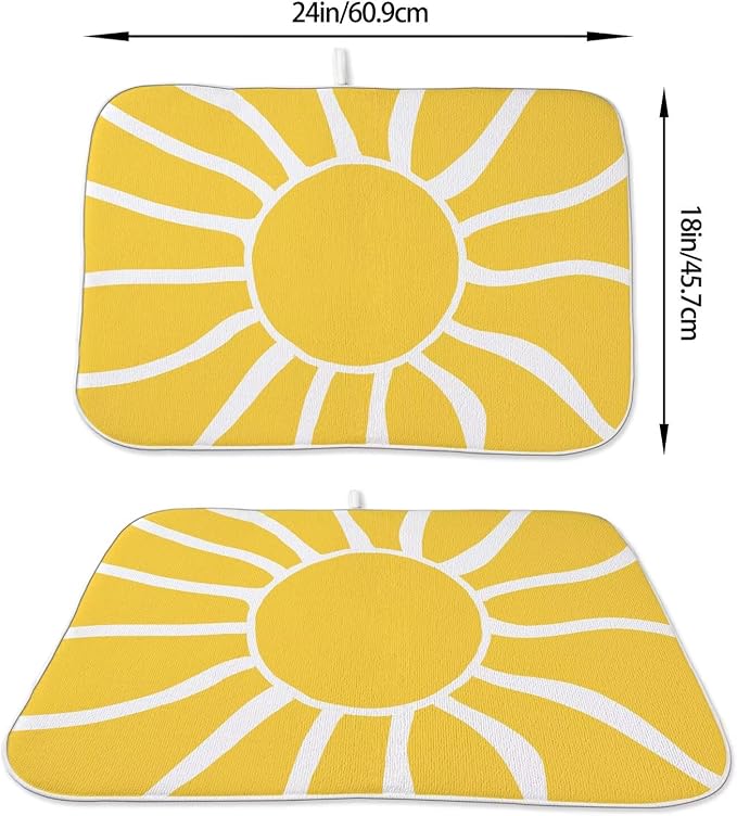 Summer Dish Drying Mat 18 x 24 inch, Yellow Sunshine Decorative Decorative Drying Mats Microfiber Absorbent Dish Washable Draining Mat for Kitchen Counter Decor