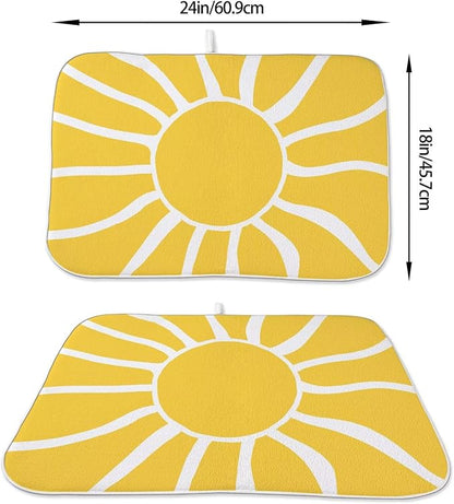 Summer Dish Drying Mat 18 x 24 inch, Yellow Sunshine Decorative Decorative Drying Mats Microfiber Absorbent Dish Washable Draining Mat for Kitchen Counter Decor