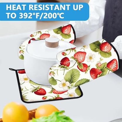 Red Strawberry Flower Oven Mitts and Pot Holders Sets Heat Resistant 4Pcs Potholders Oven Gloves Hot Pads for Kitchen Baking Cooking Grilling BBQ