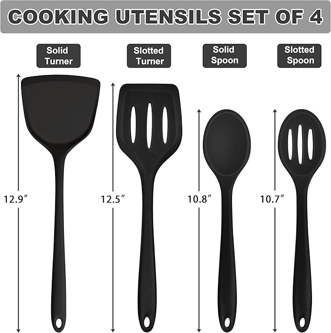 TeamFar Silicone Cooking Utensils, 4pcs Kitchen Utensils Set with Silicone Spatulas & Spoons, Heat-Resistant Solid & Slotted Cooking Spoons Turners for Non-stick Cookware, Dishwasher Safe, Black - Image 2