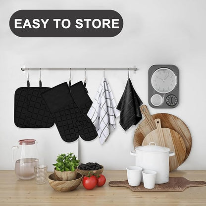 Oven Mitts Kitchen Towels and Dishcloths Pot Holders Sets, Oven Gloves Kitchen Dish Towels 500 Degree Heat Resistant Potholders with Non-Slip Silicone Surface for Cooking, Grilling, Baking-Black - Image 6