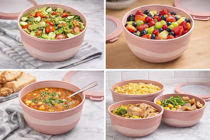 Pera Mixing Bowls with Lids Set, 8 Piece (4 Bowls + 4 Airtight Lids), BPA Free Nesting Kitchen Bowl Set for Mixing & Food Storage, Microwave & Dishwasher Safe (Pink)