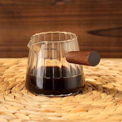 Joeyan 6 oz Glass Measuring Cups with Spout,Borosilicate Glass Triple Pitcher with Scale,Origami Style Espresso Shot Glasses with Wood Handle for Coffee Milk,Dishwasher Safe - Image 8