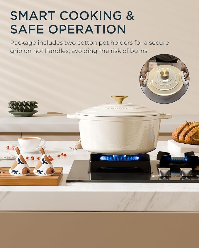 Enameled Cast Iron Dutch Oven - 7.5QT Pot with Lid & Cotton Potholders - Heavy-Duty Cookware for Braising, Stews, Roasting, Bread Baking, Oven Safe up to 500° F & Across All Cooktops, Cream White - Image 7