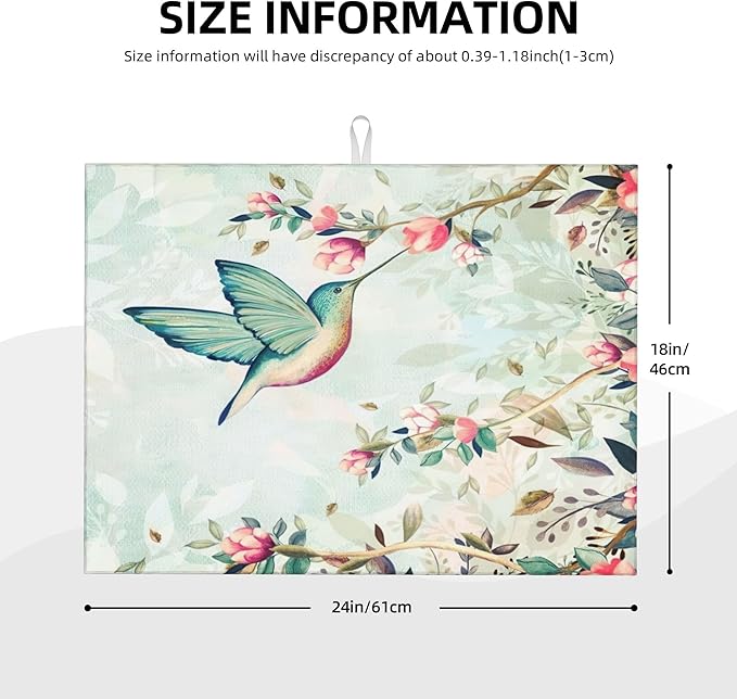 Hummingbird Flowers Dish Drying Mat 18x24 Inch, Microfiber Absorbent Fast Dry Mat Large Dish Mat Drying Kitchen Mat, Kitchen Drying Pad for Kitchen Counter Coffee Bar Decor Gifts