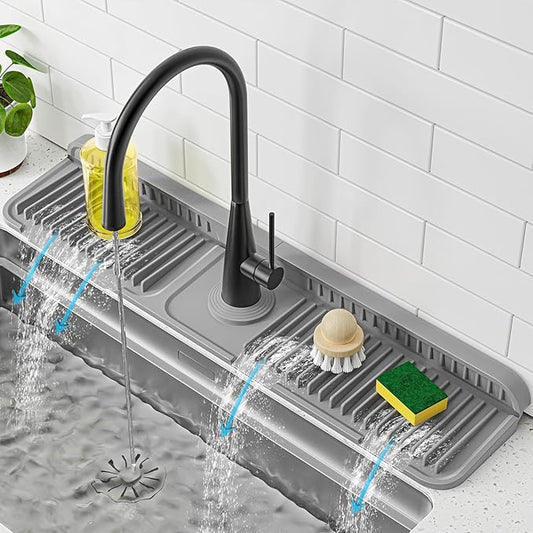 PoYang 24 inch Faucet Mat for Kitchen Sink Splash Guard, 7° Slope Silicone Sink Water Splash Guard for Kitchen Sink Area with Snap Button, Longer Sink Protectors for kitchen Sink Sponge Holder, Grey
