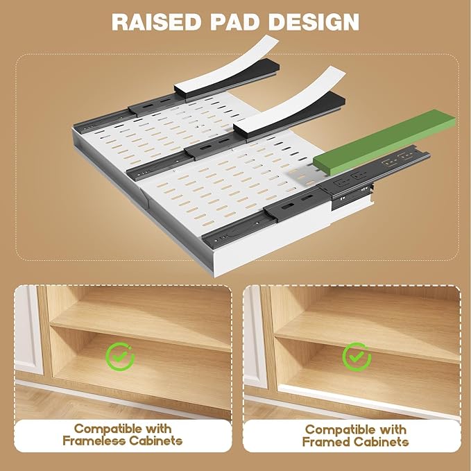 Seinloes 2 Pack Pull Out Cabinet Organizer With Raising Pad for Framed Cabinets,Expandable Width (13"-21") and Depth (13"-17"),3 Slide Rails Slide Out Drawers with Handle,No-Drill Roll Out Shelf,White - Image 3