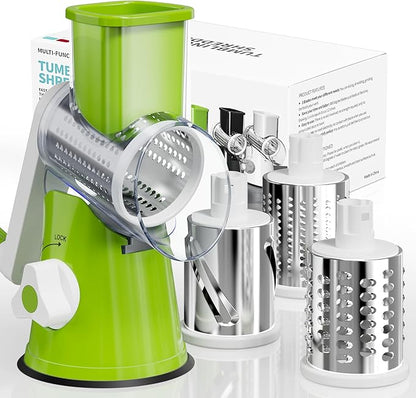 Rotary Cheese Grater Hand Crank, 3 Blades Slicer Shredder, Cheese Grater for Kitchen, Multi-Functional Kitchen Tool for Vegetables, Nuts, Chocolate, with Strong Suction Base, Green by Nexsujo