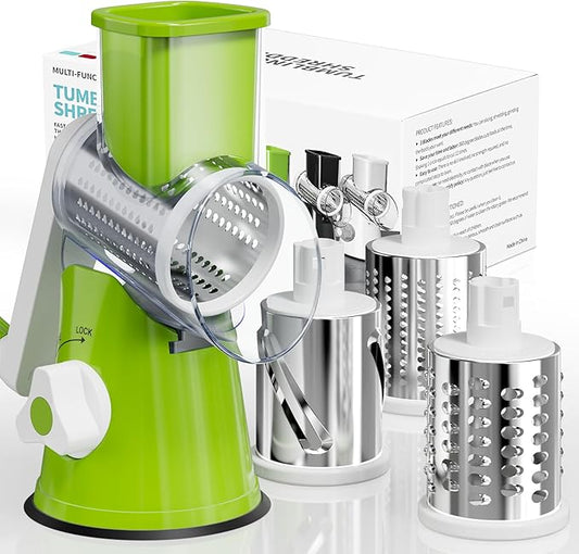 Rotary Cheese Grater Hand Crank, 3 Blades Slicer Shredder, Cheese Grater for Kitchen, Multi-Functional Kitchen Tool for Vegetables, Nuts, Chocolate, with Strong Suction Base, Green by Nexsujo
