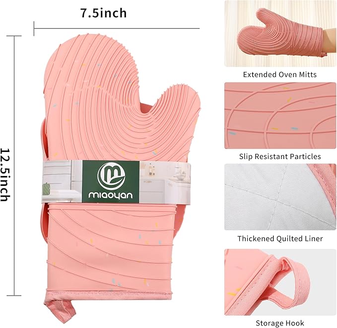 4 Pieces Oven Mitts of Macaron Color Thickened Non-Slip Silicone Kitchen Gloves, Heat Resistant up to 750F, Essential for Kitchen Baking (Pink) - Image 2