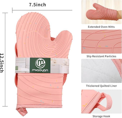 4 Pieces Oven Mitts of Macaron Color Thickened Non-Slip Silicone Kitchen Gloves, Heat Resistant up to 750F, Essential for Kitchen Baking (Pink) - Image 2