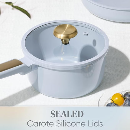 CAROTE Ceramic Cookware Set Nonstick, 14pcs Pots and Pans Set Nonstick, Non-Toxic & PFAS-Free, Dishwasher, RV/Camping Cookware Set, Cooking Pots with Lids, Pastel Blue - Image 5