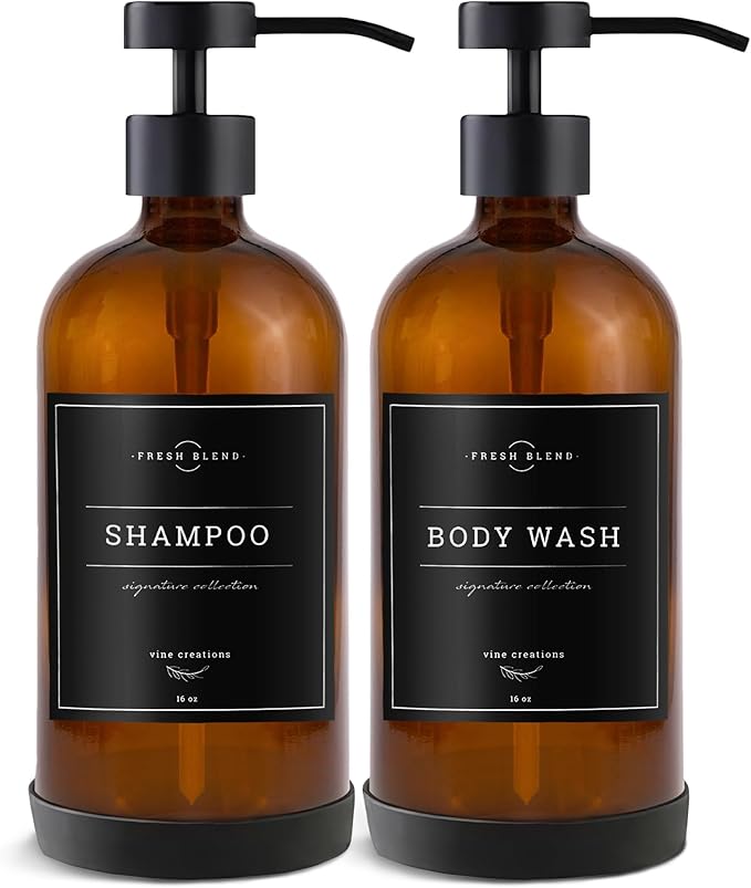 Vine Creations Amber Glass Soap Dispenser Set - Kitchen Soap Dispenser Set with Stainless Steel Pump - 16 oz Dish Soap and Hand Soap Dispensers for Bathroom with Silicone Pad & Waterproof Labels - Image 7