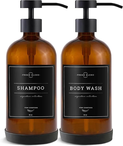 Vine Creations Amber Glass Soap Dispenser Set - Kitchen Soap Dispenser Set with Stainless Steel Pump - 16 oz Dish Soap and Hand Soap Dispensers for Bathroom with Silicone Pad & Waterproof Labels - Image 7