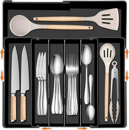 Spaclear Large Kitchen Silverware Organizer - Expandable 17.2" x 17.9" Adjustable Drawer Tray, 4-7 Compartments for Maximum Storage, BPA-Free, Black,L