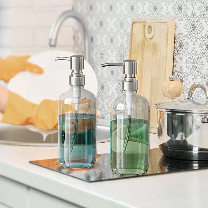 AmazerBath Soap Dispenser, 2 Pack Glass Soap Dispenser with Pump Stainless Steel, 17 Oz Hand Soap Bottles Bathroom Kitchen, Clear - Image 6