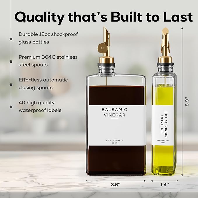 Glass Olive Oil Dispenser Bottle for Kitchen by Brighter Barns - Coffee Syrup Dispenser, Oil and Vinegar Bottle - Modern Kitchen Essentials for Restaurants, Coffee Bar, Airbnb (Clear/Gold, Set of 2) - Image 3