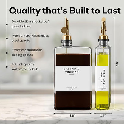 Glass Olive Oil Dispenser Bottle for Kitchen by Brighter Barns - Coffee Syrup Dispenser, Oil and Vinegar Bottle - Modern Kitchen Essentials for Restaurants, Coffee Bar, Airbnb (Clear/Gold, Set of 2) - Image 3